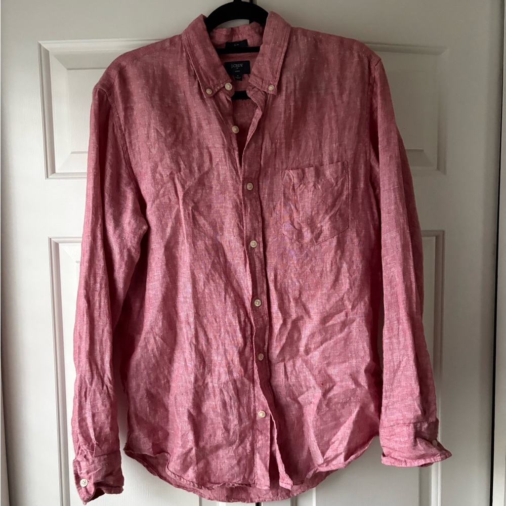 J. Crew Button-Down Long Sleeve Linen Shirt - Pink